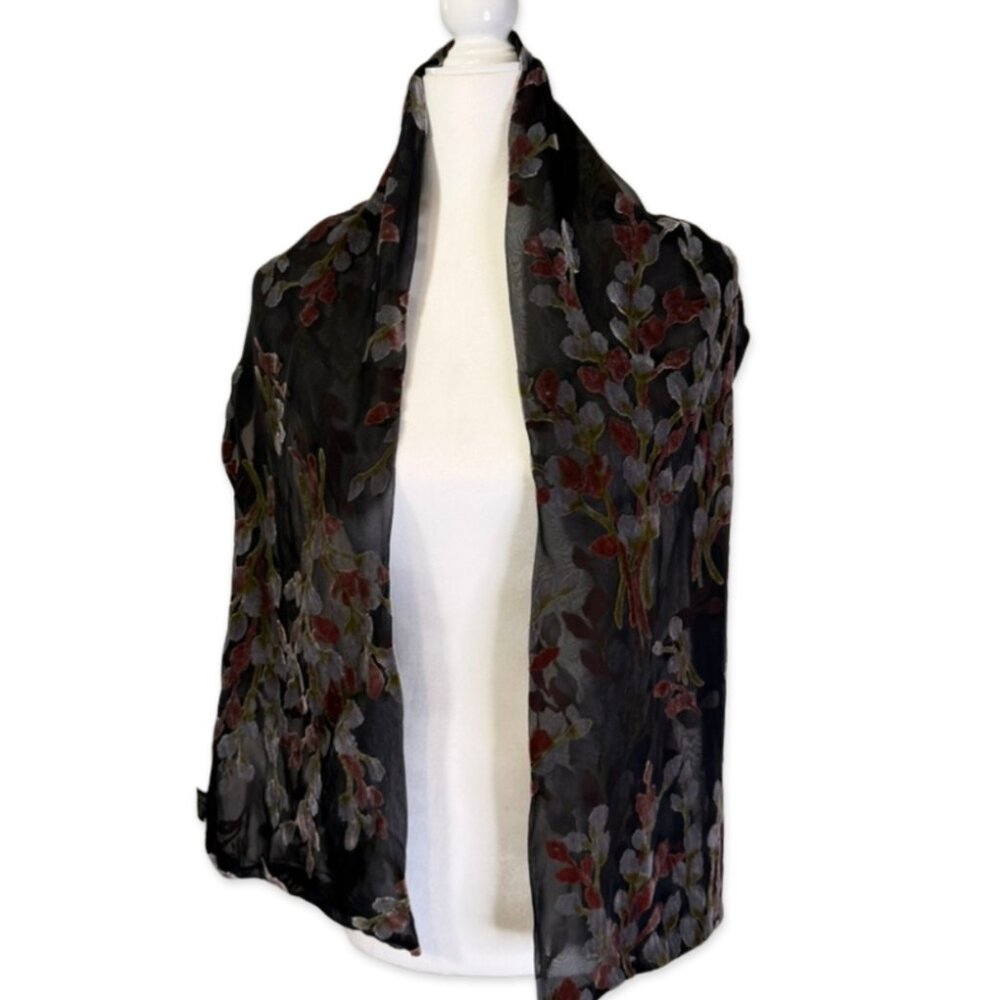 Cezani Burnout Velvet Floral Scarf, Black Vintage Y2K Grunge, Romantic Gothic